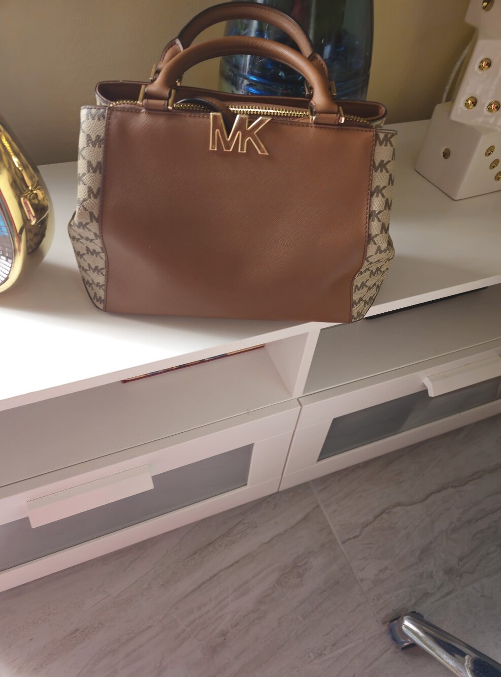 Michael Kors Brown MK Logo Leather-Trim Satchel